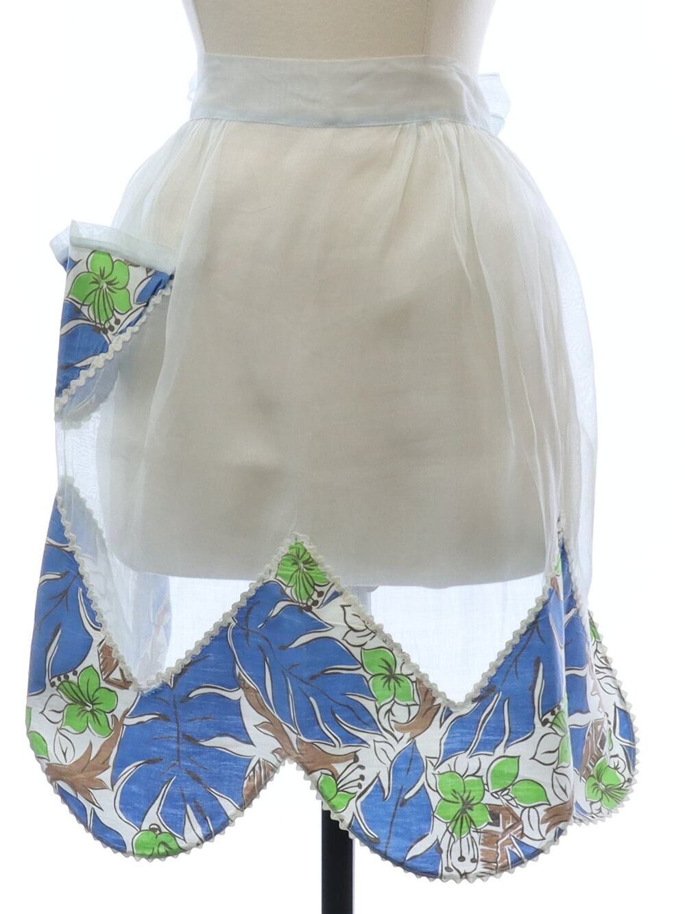 Vintage 60s Sheer Blue Floral Waist Apron Cabin Print Home Sewn